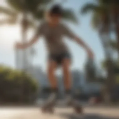 Skateboarder in PacSun heart shorts performing a trick