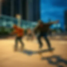 A group of skaters wearing stylish hoodies performing tricks in an urban environment