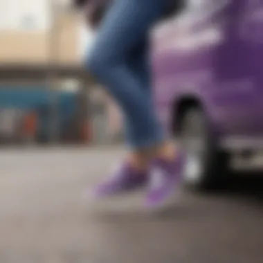 A fashion-forward outfit complemented by purple Vans shoes.