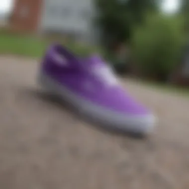 Close-up view of purple Vans shoes emphasizing material quality and texture.