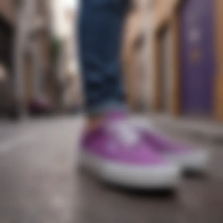 A vibrant street scene featuring individuals wearing purple Vans shoes while skateboarding.