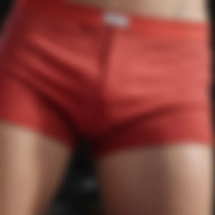 Close-up of the fabric texture and stitching of red boyshort underwear