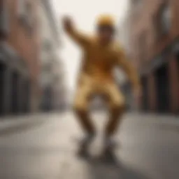 A skateboarder showcasing a stylish gold outfit against an urban backdrop