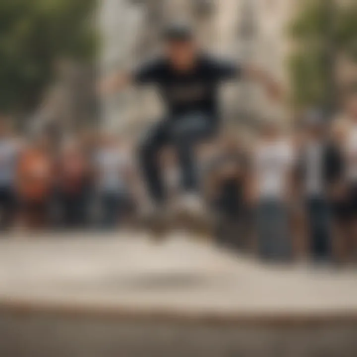 Skateboarding competition with spectators cheering in the background