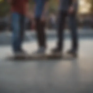 Group of diverse skateboarders discussing wheel choices at a skate park