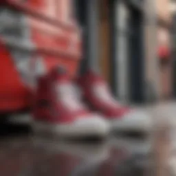 Abstract depiction of red and black hightop Vans in a dynamic urban setting