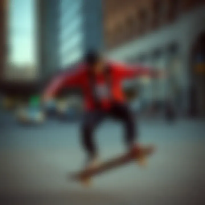 A dynamic skateboarder wearing the adidas jersey shirt in an urban environment