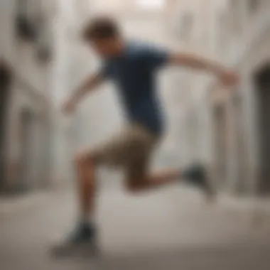 Skater demonstrating flexibility and movement in nylon cargo shorts