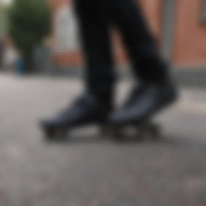 Stylish skateboarder wearing black on black checkered Vans in an urban setting