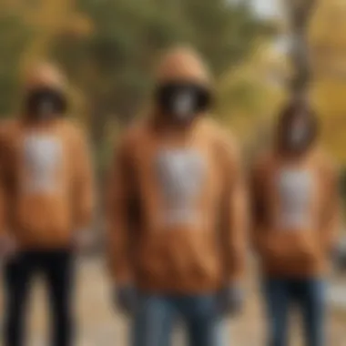 Group of skateboarders showcasing their brown skeleton hoodies in a park