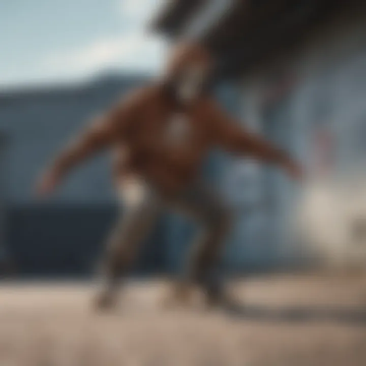 Skateboarder wearing a brown skeleton hoodie while performing a trick