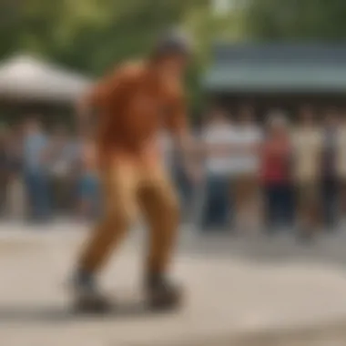 A vibrant skate park scene showcasing skaters wearing Dickies apparel, epitomizing the fusion of fashion and sport.