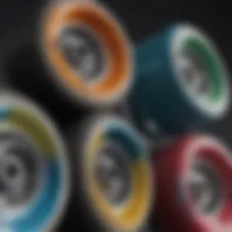 Close-up view of various skateboard wheels showing different colors and designs