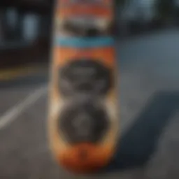 Close-up view of a 10-inch skateboard deck showcasing its unique design features