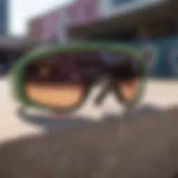 Vibrant Pit Viper eyewear showcased in an urban skatepark