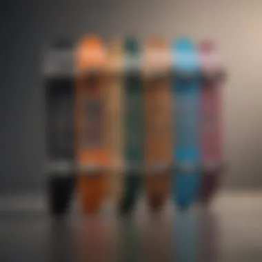 Group of different skateboard types arranged to illustrate their distinct styles and uses