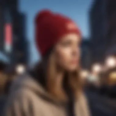 Stylish RVCA beanie showcased against urban backdrop