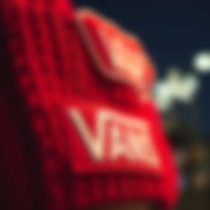 Close-up of a vibrant Vans red beanie showcasing its texture and logo