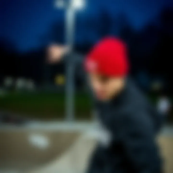 Skateboarder wearing a Vans red beanie performing a trick in the skate park