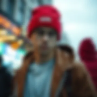 Street-style photo featuring a Vans red beanie as part of a fashionable outfit