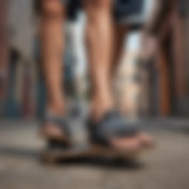 Skateboarder wearing Reef Stash Sandals in an urban environment