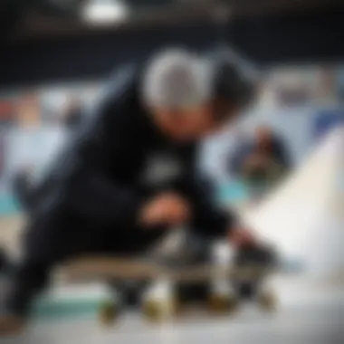 Expert Adjustment of Bindings Expert skater adjusting thirty-two bindings for optimal performance