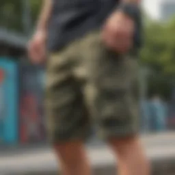 Unionbay camouflage shorts displayed in an urban skate park setting