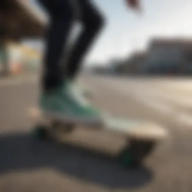 Skateboarder wearing Vans with green stripe while performing a trick