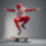 Skater performing a kickflip in red and white sweatpants