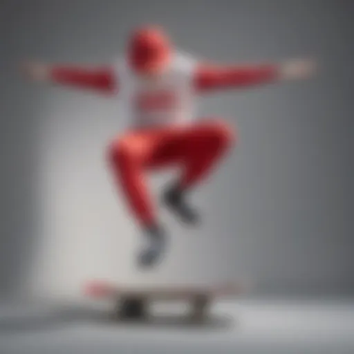 Skater performing a kickflip in red and white sweatpants