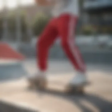 Skaters showcasing unique style at the skatepark Skateboarders in red and white sweatpants at a skatepark