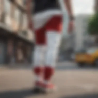 Sweatpants seamlessly integrated into urban skateboarding scene Red and white sweatpants blending with urban skateboarding culture