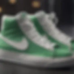 Close-up of white green Nike Blazers showcasing design details