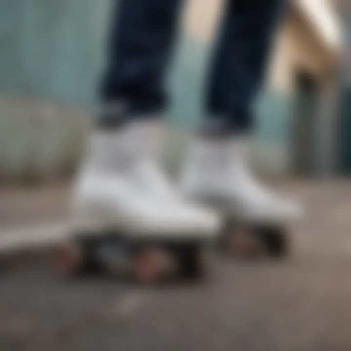 A collection of style icons wearing white skate highs in an urban setting