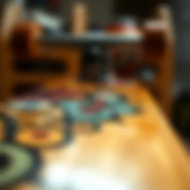 Intricate Designs on a Handcrafted Skateboard Deck Artistic close-up of a handcrafted skateboard deck showcasing intricate designs