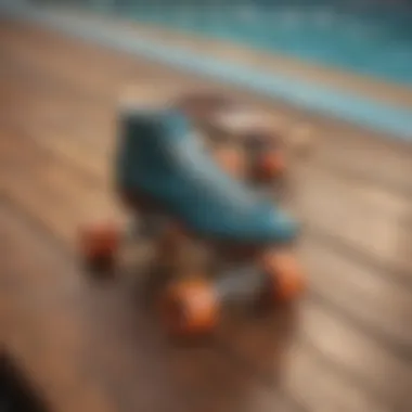 Vintage pool skating equipment showcased on a wooden deck