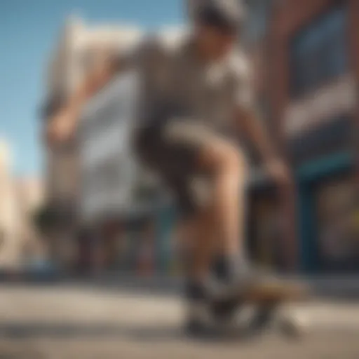 Skateboarder performing a trick in short sweat shorts