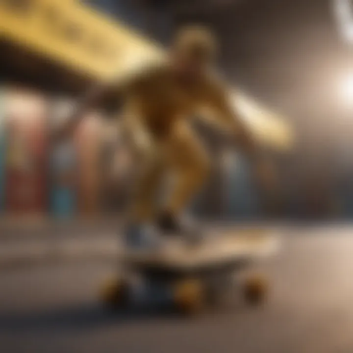 An artistic interpretation of the 'Gold Gods' concept in skateboarding.