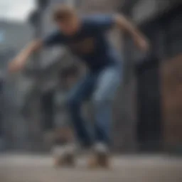 Fashion-forward skater in man brand jeans performing a trick