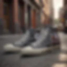 A stylish pair of Converse high tops displayed against a vibrant urban backdrop