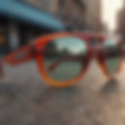 A close-up of vibrant funky sunglasses reflecting the street culture of skateboarding.