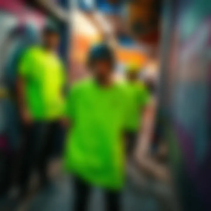 Artistic representation of neon green t-shirts in a graffiti-filled environment