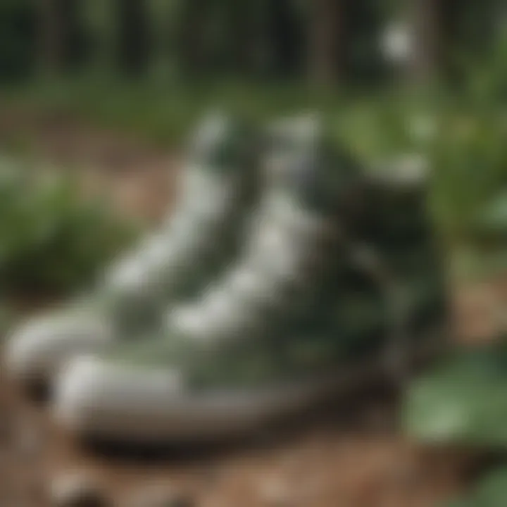 Green high top shoes in a camouflage design blending seamlessly with nature