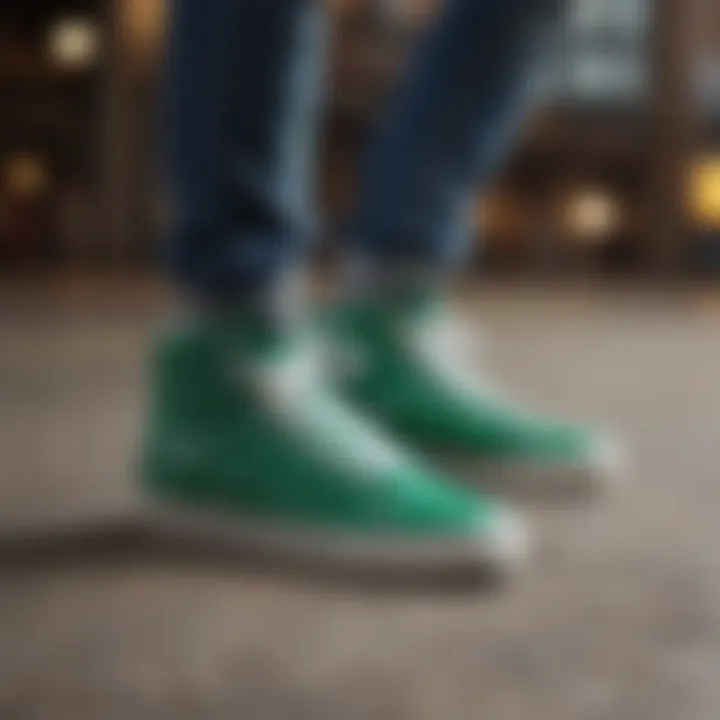 Pair of vibrant emerald green high top shoes styled with a fashionable streetwear outfit