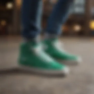 Emerald Elegance High Top Sneakers Pair of vibrant emerald green high top shoes styled with a fashionable streetwear outfit