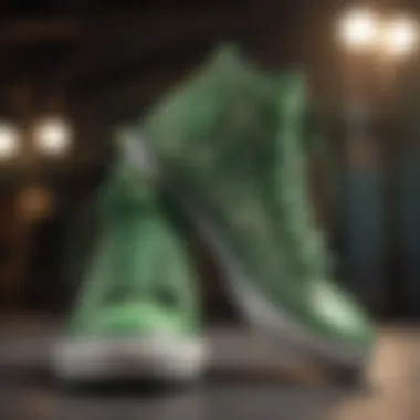 Lace-Embellished Green High Tops Elegantly designed pair of green high top shoes with intricate lace pattern