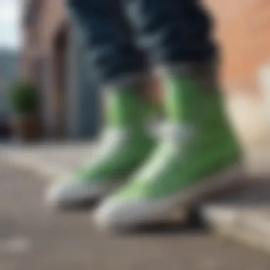 Minimalistic and sleek green high top shoes against a modern urban backdrop