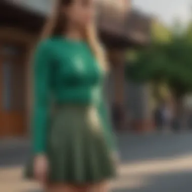 Green long sleeve t-shirt tucked into high-waisted pleated skirt