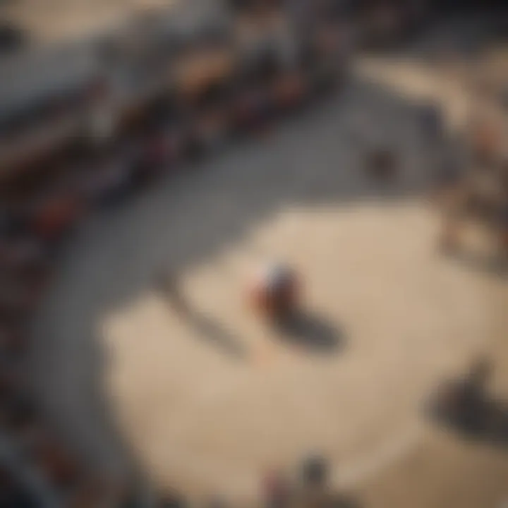 An aerial view of a vibrant outdoor gathering centered around a hacky sack competition.