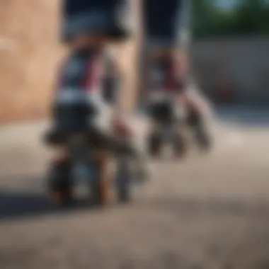 Close-up of high top quad roller skates wheels on pavement